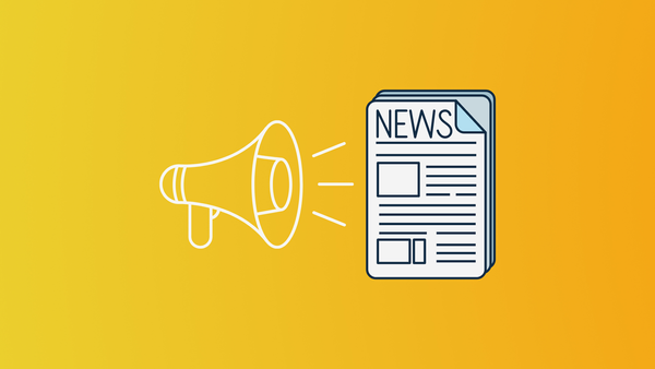 Drawing of a white megaphone with sound waves next to a drawing of a newspaper.